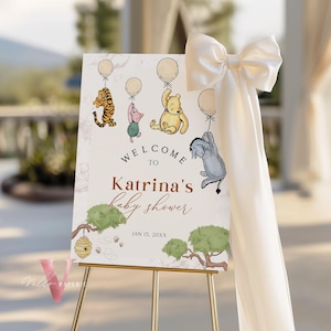Balloons Classic Winnie the Pooh Baby Shower or Birthday Welcome Sign | Printable Beige Toile de Juoy, Little Hunny Party Decor Sign WTP05