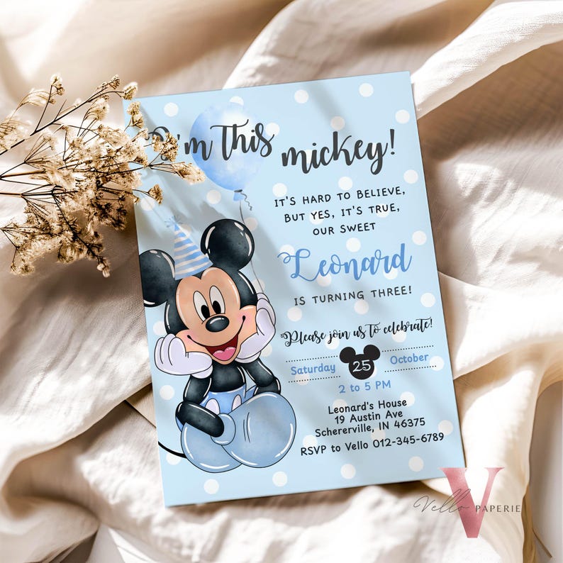 Editable ANY AGE Mickey Mouse Birthday Invitation | Watercolor Blue ...