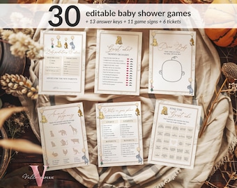 Editable 60P Winnie the Pooh Balloon Baby Shower Games & Activities Bundle Ticket Sign | Printable Bearly Wait Pooh Baby Shower Set WTP03