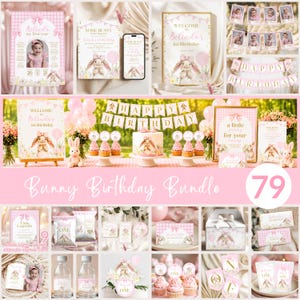 May include: A bunny-themed birthday party bundle featuring pink and white gingham patterns, illustrations of a rabbit with a pink bow, and gold text. Includes signs, banners, cupcake toppers, favor boxes, water bottle labels, and photo displays.
