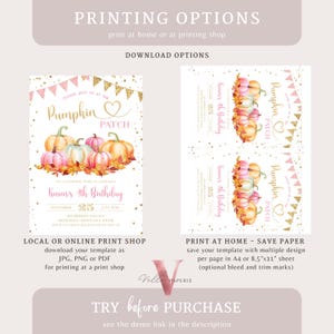 May include: Printable invitation for a girl's 4th birthday party with a pumpkin patch theme. The invitation features a watercolor illustration of pumpkins, fall leaves, and a pink heart with the text "Pumpkin Patch". The text "Karen's 4th Birthday" is in gold glitter font.