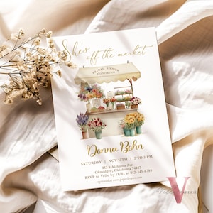 Sie ist vom Markt Brautparty-Einladung | Farmers Markt Brautparty einladen | Aquarell Blumenwagen, Blütenstand Aquarell