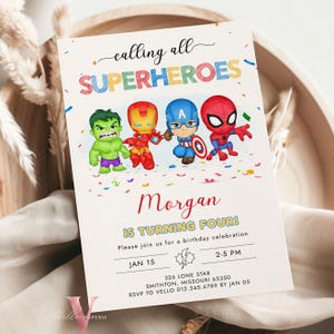 May include: A colourful invitation for a superhero themed birthday party. The invitation features a cartoon image of four superheroes: Hulk, Iron Man, Captain America, and Spiderman. The text on the invitation reads "calling all SUPERHEROES Morgan IS TURNING FOUR! Please join us for a birthday celebration JAN 15 2-5 PM 326 LONE STAR SMITHTON, MISSOURI 65350 RSVP TO VELLO 012.345.6789 BY JAN 05".