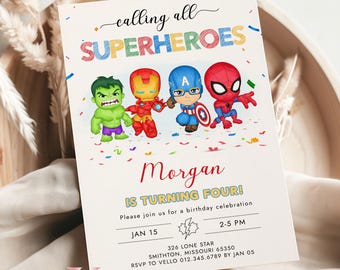 Calling All Superheroes Birthday Invitation | Watercolor Avengers Kids Colorful Birthday Party Invite | Any Age Cute Chibi Superhero SHB01