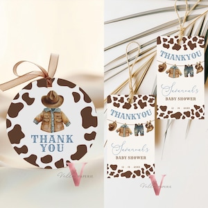 Cowboy-Babyparty oder Geburtstags-Runde & Favor Tag | Wilder Westen kleiner Cowboy Dankeskarte | Western Country Rodeo Baby Geschenkanhänger CBB01