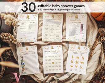 Editable 60Pages Winnie the Pooh Baby Shower Games & Activities Bundle, Ticket Sign | Printable Beige Floral Pooh Baby Shower Set WTP04