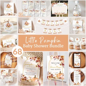 Kleine Kürbis-Herbst-Babyparty-Komplett-SET | Bearbeitbares Herbstblumenkürbis-Set | Gold Baby Shower Einladung PARTY FAVORS Dekor FPB01