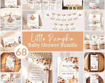 Little Pumpkin Fall Baby Shower Complete BUNDLE | Editable Autumn Floral Pumpkin Set | Gold Baby Shower Invitation PARTY FAVORS Decor FPB01