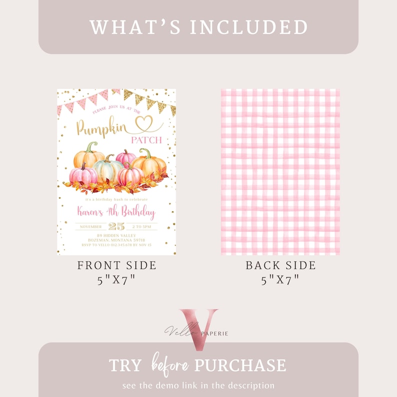 May include: A printable invitation for a girl's 4th birthday party. The invitation features a watercolor illustration of pumpkins with gold glitter accents and the text "Pumpkin Patch Karen's 4th Birthday". The back side of the invitation is a pink and white gingham pattern. The invitation is 5 inches by 7 inches.