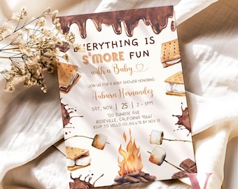 Editable S'mores Baby Shower Invitation | FALL Camping Bonfire Baby Shower | Campire Smore Fun with Baby Party | Autumn Couple Shower SBS01