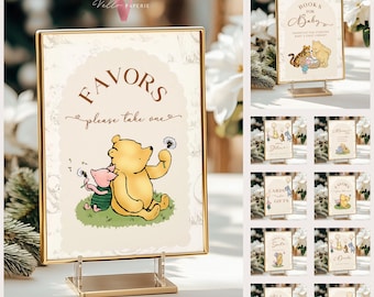 Edytowalny klasyczny Kubuś Puchatek Baby Shower lub Urodziny Premade Sign | Wydrukowany Beżowy Toile de Juoy, Mały Hunny Decor Table Sign WTP01