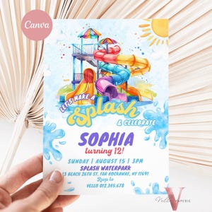 Editable Water Park Splish Splash Birthday Invitation | Watercolor Summer Party Invite | Water Slide Pool Party Invite Any Age Birthday Bash
