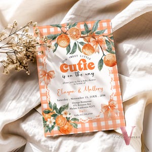 Our Little Cutie is on the Way Baby Shower Invitation | Citrus Orange Gender Reveal Invite | Mandarin Orange Gingham Summer Baby Party