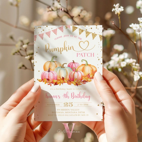 Editable Pink Autumn Pumpkin Patch Birthday Party Invitation | FALL Pumpkin Patch Birthday Invite | Girl Fun Pumpkin Gold Sparkle Party