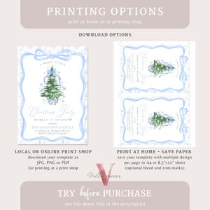 May include: A light blue Christmas party invitation with a watercolour Christmas tree design. The invitation includes the text "A Merry Little Christmas Party" and event details. Available for download as JPG, PNG, or PDF for printing.