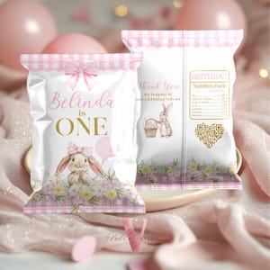 Födelsedagspåse med chips och blommigt ginghammönster, rosa guldfärgad kanin, födelsedagspåse | Alla åldrar, 1:a, 2:a, 3:e kaninflickadekoration BBB01