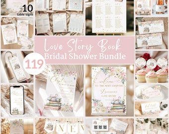 New Chapter Begin Bridal Shower COMPLETE BUNDLE | Romantic Love Story Invitation Set | Books Lover Storybook Bridal Party Decor  NCB03