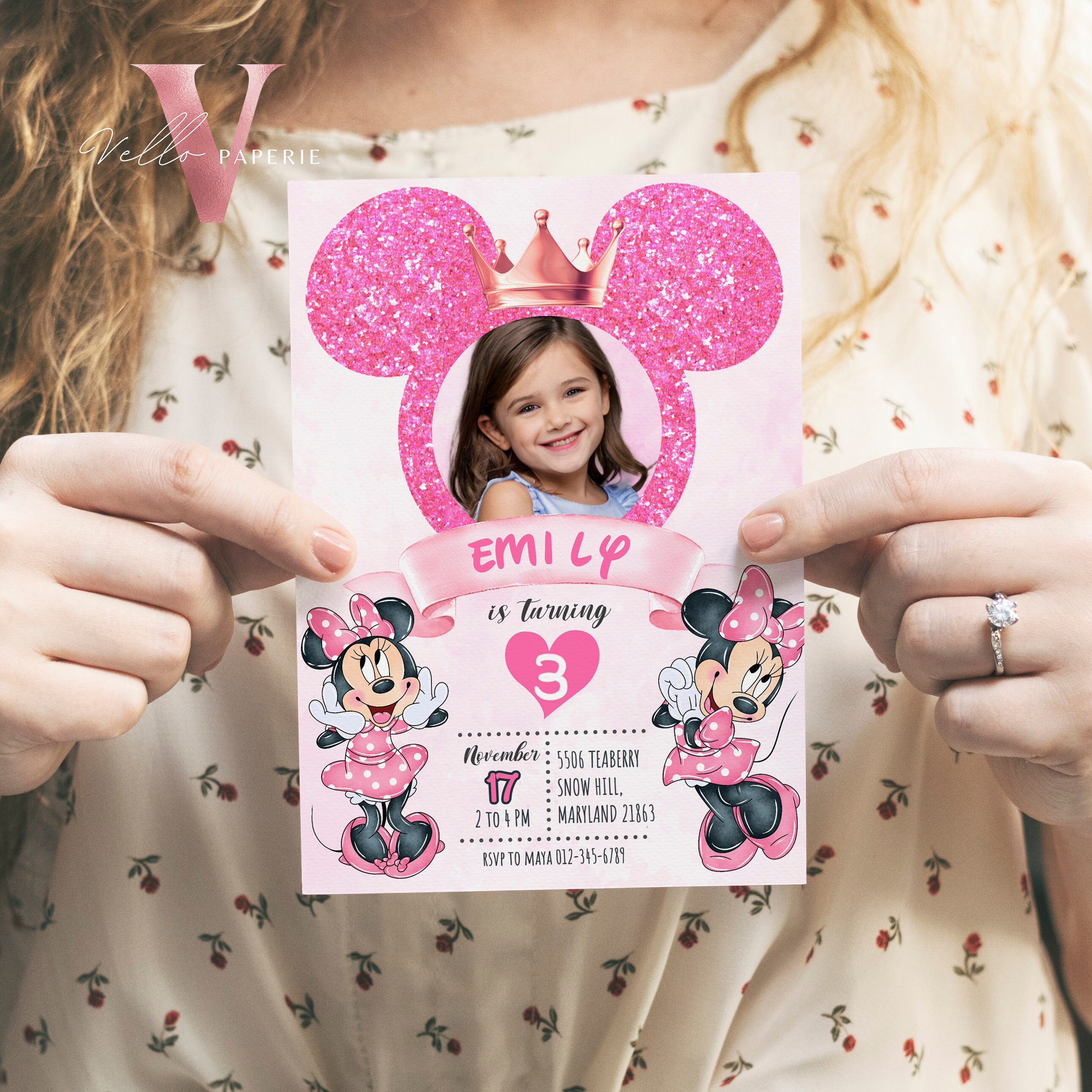 Photo Pink Minnie Birthday Invitation | Editable Printable Glitter ...