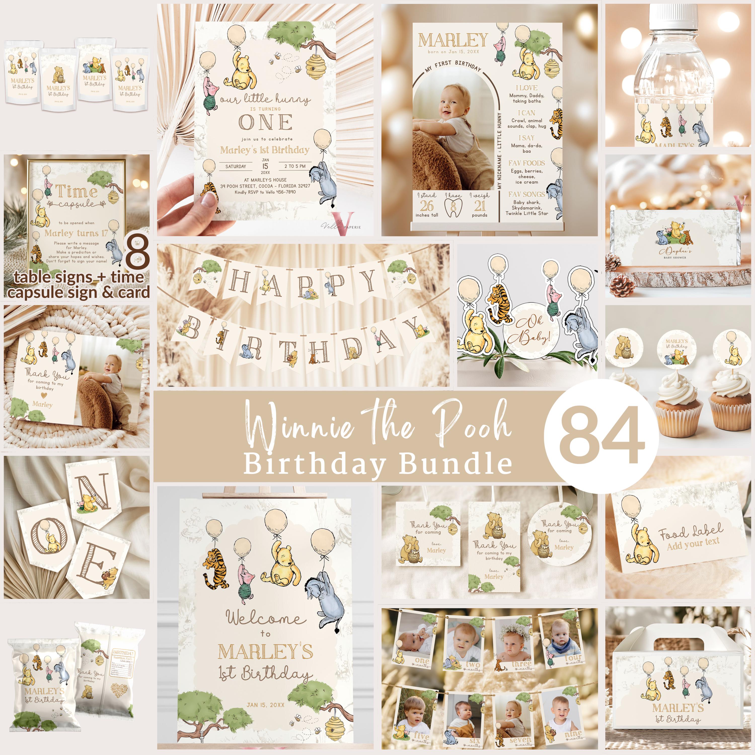 Classic Winnie the Pooh ANY AGE/ First Birthday Complete Bundle | Editable Pooh Birthday Party Decor | Beige Balloon Toile de Juoy WPB01
