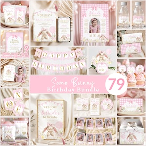 May include: A selection of pink and gold birthday party decorations with a bunny theme. Includes invitations, banners, cupcake toppers, water bottle labels, and a welcome sign. The text "Some Bunny Birthday Bundle" is displayed prominently.