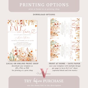 May include: Fall in love bridal shower invitation with a watercolor floral design featuring pumpkins, leaves, and flowers in shades of orange, brown, and green. The invitation text reads "Fall in love" with a heart and "Join us for a Bridal Shower in honor of Marlene Garbios".