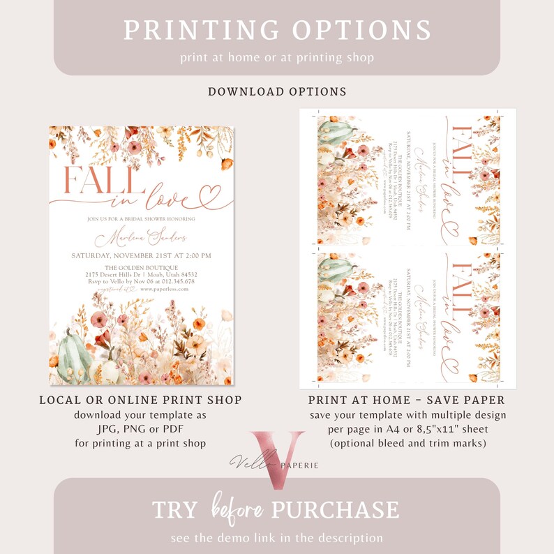 May include: Fall in love bridal shower invitation with a watercolor floral design featuring pumpkins, leaves, and flowers in shades of orange, brown, and green. The invitation text reads "Fall in love" with a heart and "Join us for a Bridal Shower in honor of Marlene Garbios".