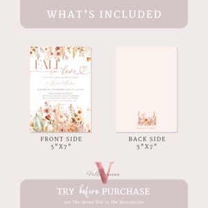 May include: Fall in love wedding invitation with a floral design and the text "Fall in love" and "Marlee & Genbos". The invitation is 5 inches by 7 inches. The back side of the invitation has a floral design and the text "Marlee & Genbos".