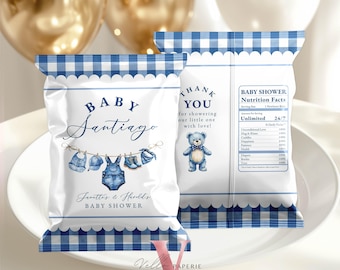 Bolsa de papas fritas para baby shower de jeans azules / Recuerdos de fiesta para niña y niño con cuadros azules / Decoración de fiesta con tendedero de mezclilla para bebé CANVA BJB01