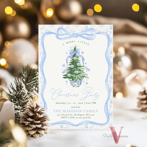 May include: A Christmas party invitation with a light blue border and bow design. The invitation features a watercolor Christmas tree in a blue and white vase. Text includes "A Merry Little Christmas Party" and event details.
