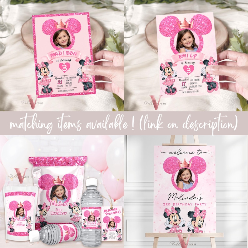 Photo Pink Minnie Birthday Invitation | Editable Printable Glitter ...