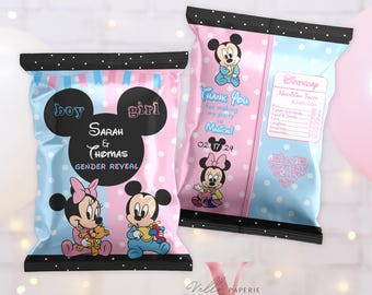 Bomboniera per baby shower Minnie e Topolino modificabile / Sacchetto di patatine blu e rosa per baby shower Minnie e Topolino, sacchetto per snack, decorazione per feste MBS02
