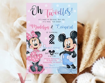 Invitación de cumpleaños conjunta de Mickey y Minnie Mouse / Invitación para fiesta de acuarela con gemelos de lunares / Segunda invitación instantánea BMB10