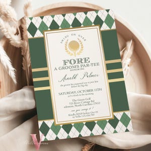 May include: A green and gold golf-themed invitation for a groom's par-tee honoring Arnold Palmer. The invitation features a golf ball and club with a green and white argyle pattern background. The text reads "Fore a Groom's Par-Tee Honoring Arnold Palmer".