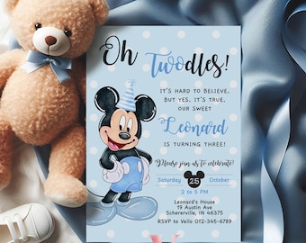 Invitación de cumpleaños editable de Mickey Mouse Oh Twodles / Invitación a fiesta de Mickey con lunares azules y blancos en acuarela / Segunda invitación instantánea (plantilla BMB01)