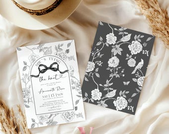 She's Tying the Knot Bridal Shower Party Invitation | Editable Black White Bow Toile de Juoy Flower Invite | Classy Monochrome Chinoiserie