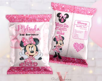 Self Edit Any Age Minnie Mouse Birthday Party Favors Glitter Pink Minnie Party Chip Bag  MMB02
