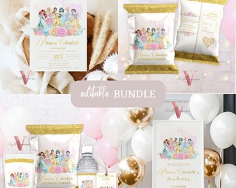 Princess Birthday Party BUNDLE | Beige Gold Princess Invitation, Welcome Sign, Chip Bag Water Bottle Label Caprisun Rice Krispi TQ Tag PB01