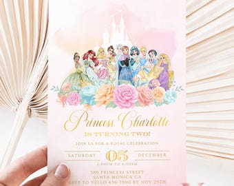 May include: A pink invitation card with a watercolor illustration of Disney princesses and a castle. The text reads "Princess Charlotte is turning two!" and includes event details.