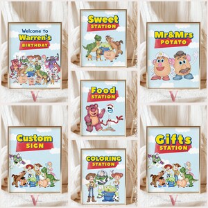 May include: A collection of seven rectangular signs featuring Toy Story characters against a light blue sky background. Each sign displays specific text including Welcome to Warren's Birthday, Sweet Station, Mr & Mrs Potato, Food Station, Custom Sign, Coloring Station, and Gifts Station, all framed in gold.