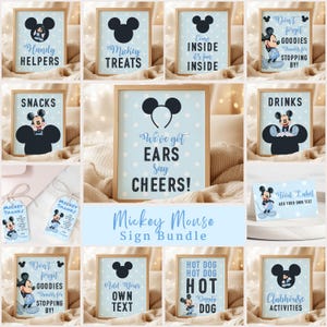 May include: A bundle of framed signs and tags with a Mickey Mouse theme. The signs display phrases such as "Handy Helpers," "Mickey Treats," and "Drinks." The colour scheme includes light blue, white, and brown.
