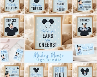 Editable ANY AGE Mickey Mouse Birthday Table Sign Bundle | Watercolor Blue Polkadot Boy Party Decor Sign | Mickey Food Label Favor Tag BMB01