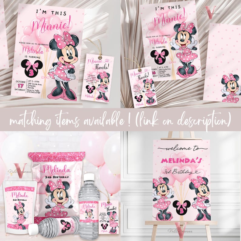 May include: A collection of pink Minnie Mouse themed party supplies, including invitations, favor bags, water bottle labels, and a welcome sign. The invitation reads "I'm this Minnie! Melinda is turning 3".