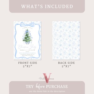 May include: A Christmas party invitation with a blue and white design. The front side features a Christmas tree illustration and text, while the back side has a snowflake pattern. The invitation measures 12.7cm x 17.8cm.