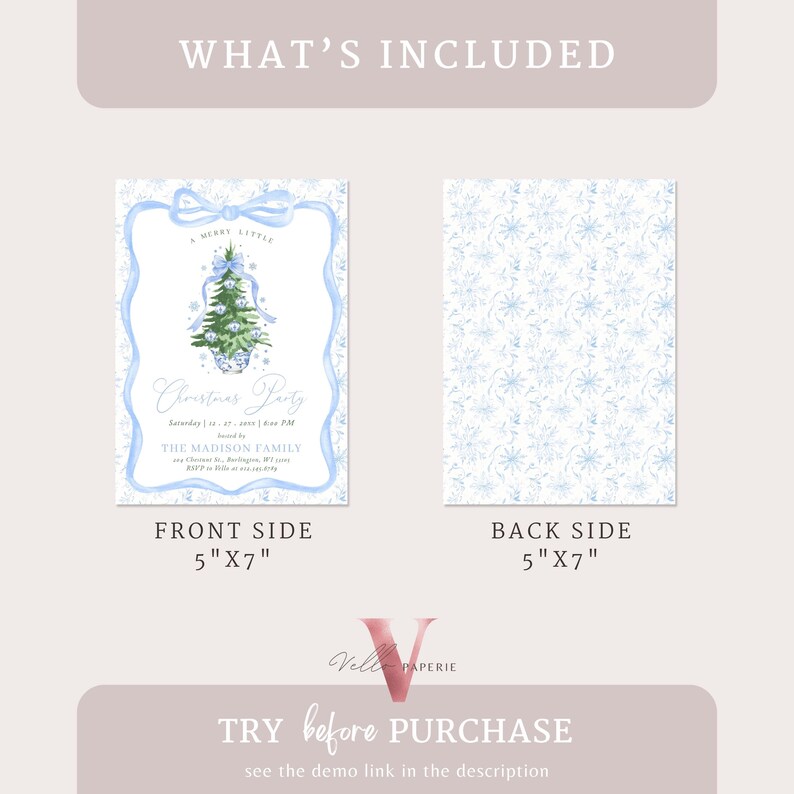 May include: A Christmas party invitation with a blue and white design. The front side features a Christmas tree illustration and text, while the back side has a snowflake pattern. The invitation measures 12.7cm x 17.8cm.