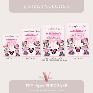 May include: Pink birthday party printables with Minnie Mouse, balloons, and "Welcome to Melinda's 3rd Birthday." Includes four sizes: 45.7cm x 61cm, 50.8cm x 76.2cm, A1 (59.4cm x 84.1cm), and 61cm x 91.4cm.