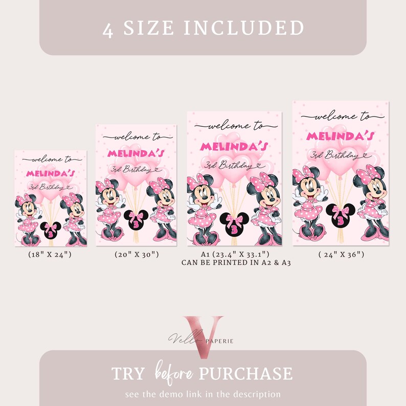 May include: Pink birthday party printables with Minnie Mouse, balloons, and "Welcome to Melinda's 3rd Birthday." Includes four sizes: 45.7cm x 61cm, 50.8cm x 76.2cm, A1 (59.4cm x 84.1cm), and 61cm x 91.4cm.