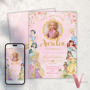 Prinzessin Geburtstags Foto Einladung, Es war einmal Geburtstagsparty Mädchen, Rosa Gold Prinzessin Aquarell Einladung bearbeitbarer sofortiger Download