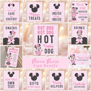 Letrero de mesa de cumpleaños de Minnie Mouse editable para cualquier edad / Letrero de fiesta de Minnie con lunares rosa claro / Letrero de cumpleaños rosa de Minnie para niños MMB01