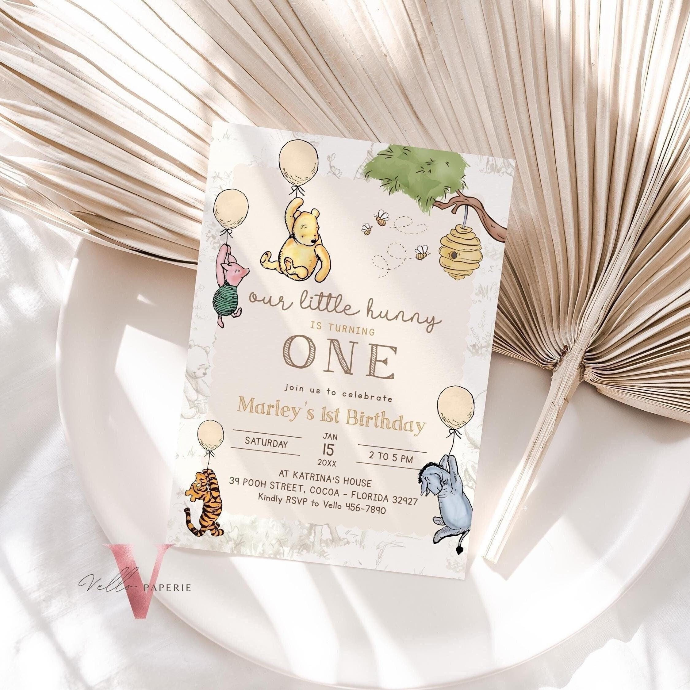 Classic Winnie the Pooh ANY AGE/First Birthday Invitation | Edit Winnie The Pooh Birthday Party Invite | Beige Balloon Toile de Juoy WPB01