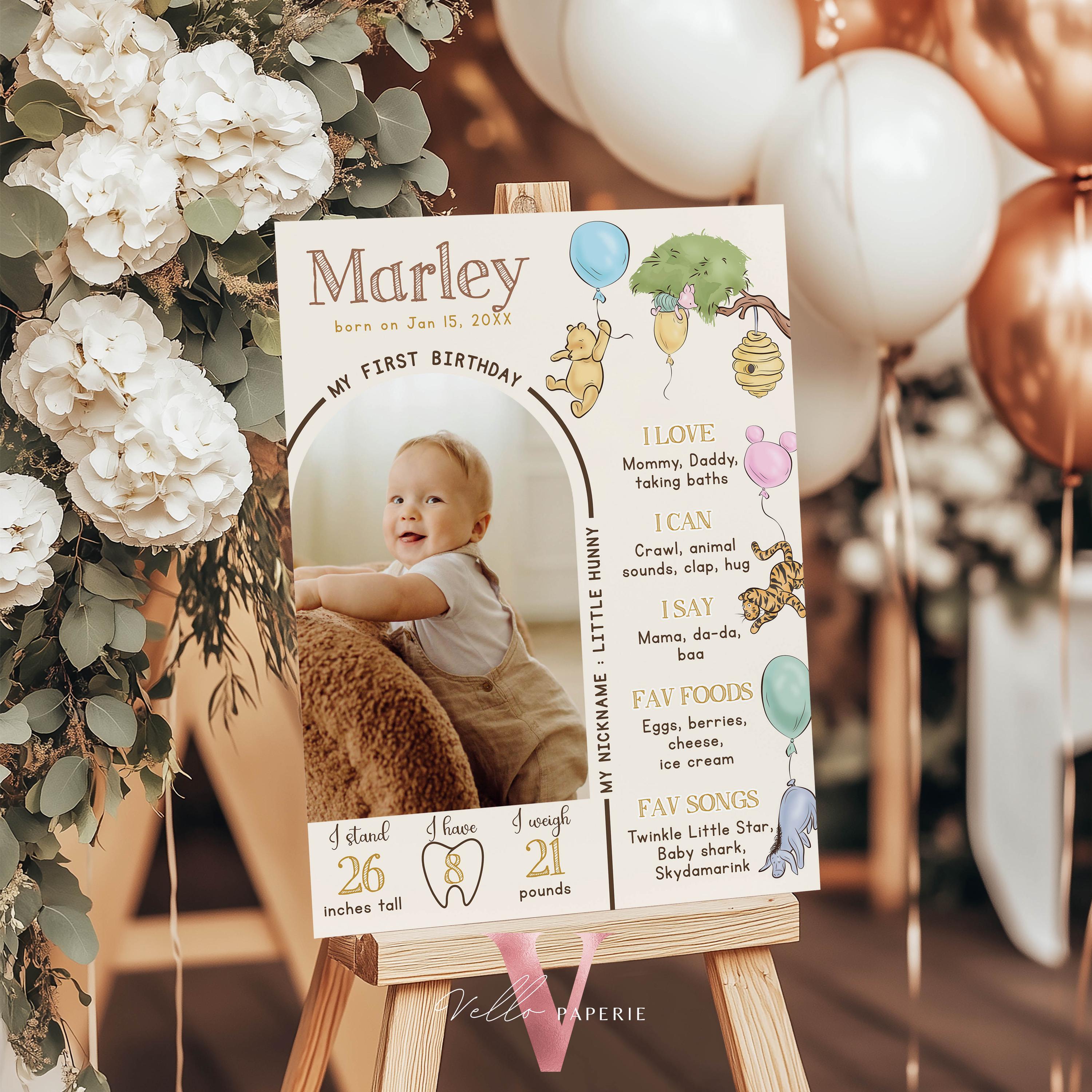 Colorful Balloon Winnie the Pooh First Year Milestone Sign With Photo ...